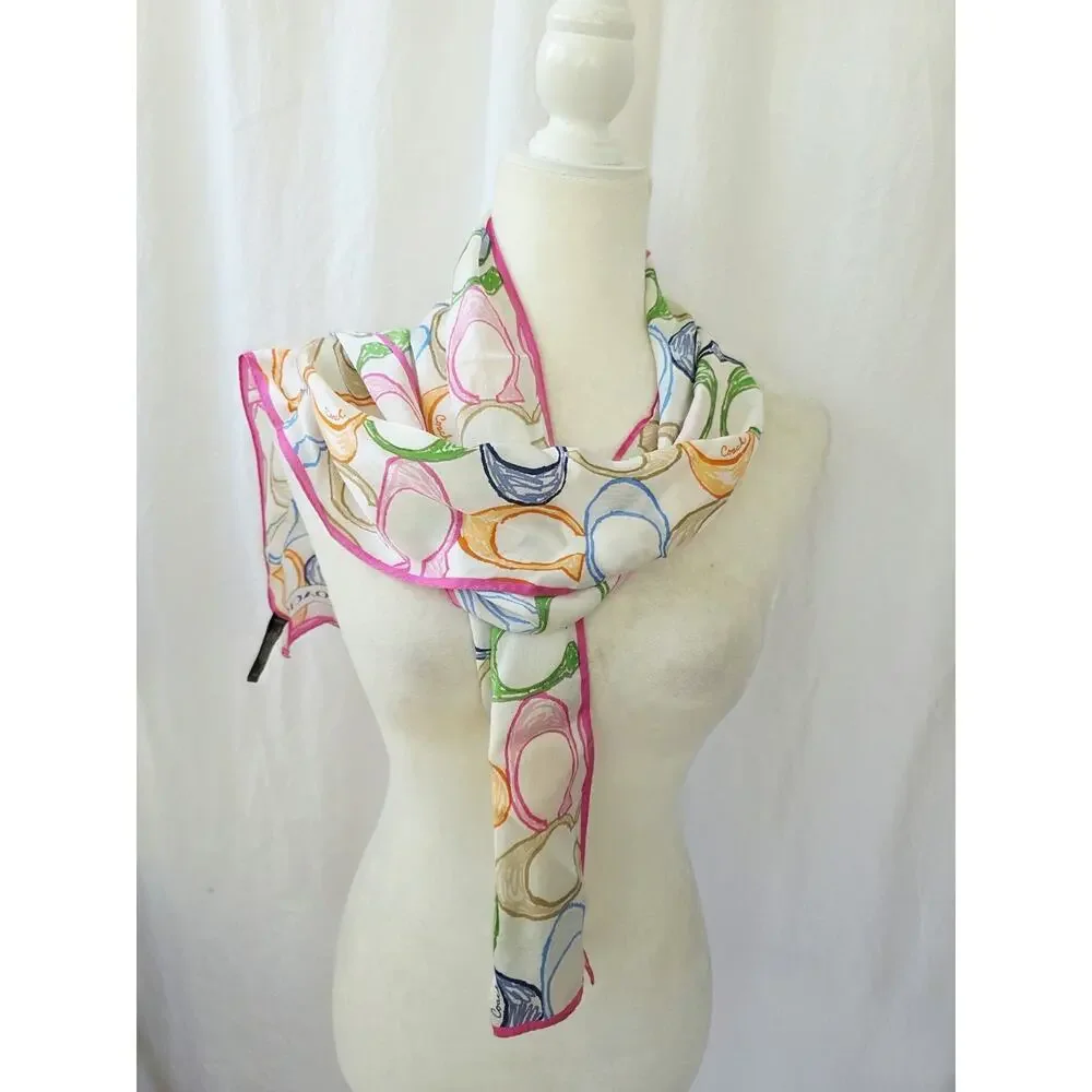 COACH Scarf Signature Rainbow Silk Satin Scarf 58 x 10 Pink Blue White Vtg 90's